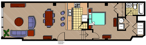 floor plan of a small house with a living room and a dining room